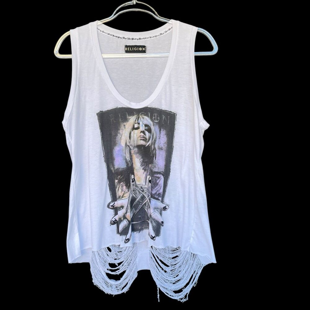 Religion White Graphic Distressed Fringe Tank Top
